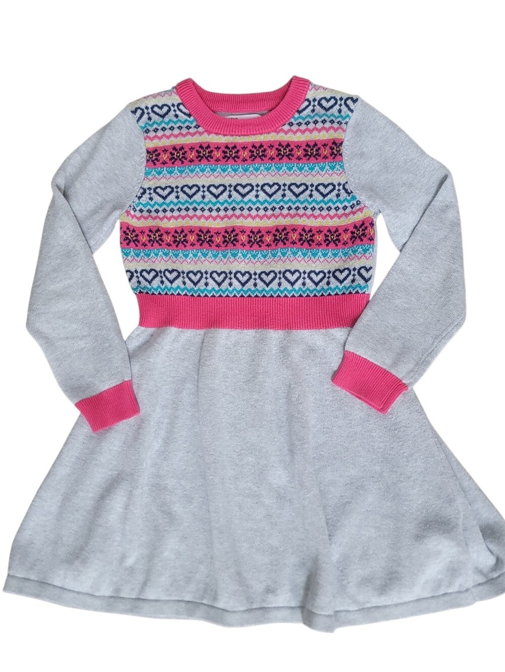 Epic Threads Girls Heart Pink Blue Fair Isle Long-Sleeve Gray Knit Dress Size 6